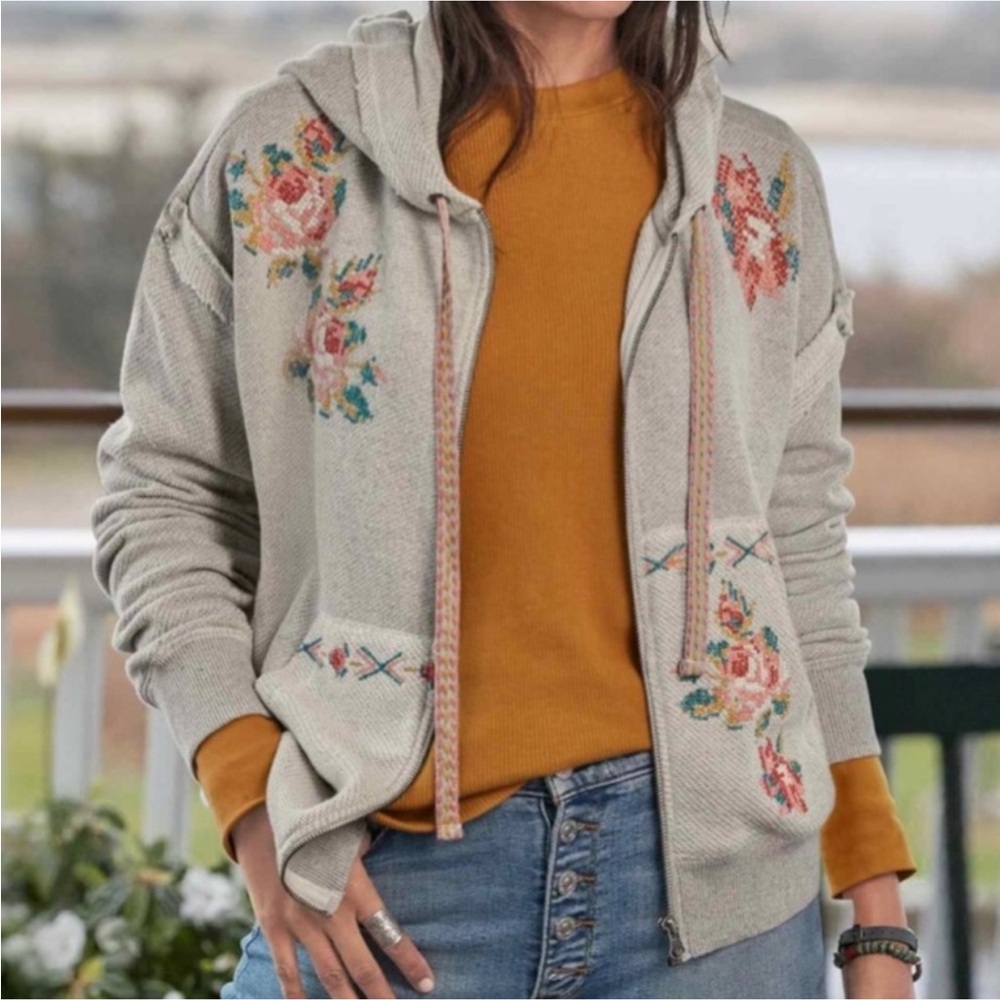 Sundance Annabeth Zip Embroidered Grey Floral Rose Hoodie Jacket Large - Picture 2 of 11